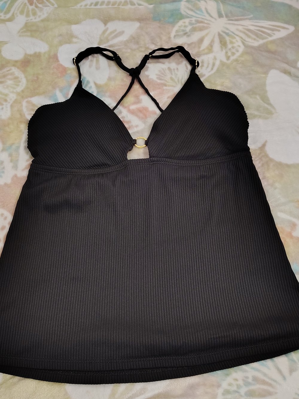 Black Ribbed Swim Top with Gold Ring Detail